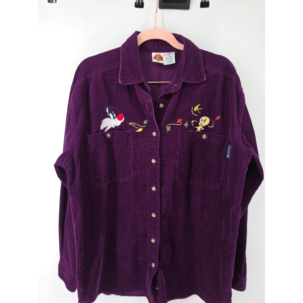 Vintage Looney Tunes Sylvester Tweety Purple Corduroy Shirt Womens Small AT992
